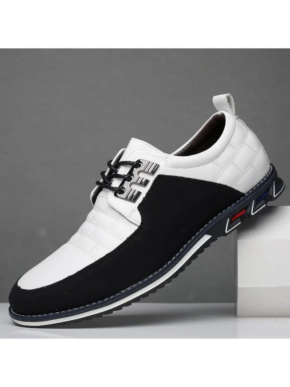 Men's Black & White Grid Textured Two-tone Flexible Derby Oxfords Dress Sneakers